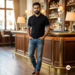 Ultimate black polo t-shirt for men with textured check pattern and contrast stripes – black polo t-shirt – photo 4
