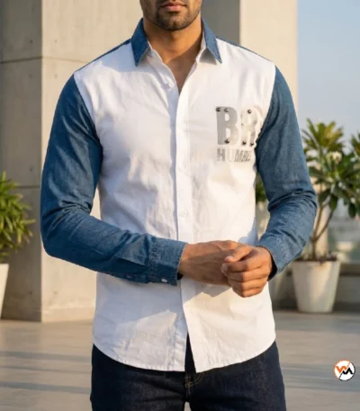 Ultimate denim contrast shirt for men featuring bold graphic branding – denim contrast shirt – photo 1