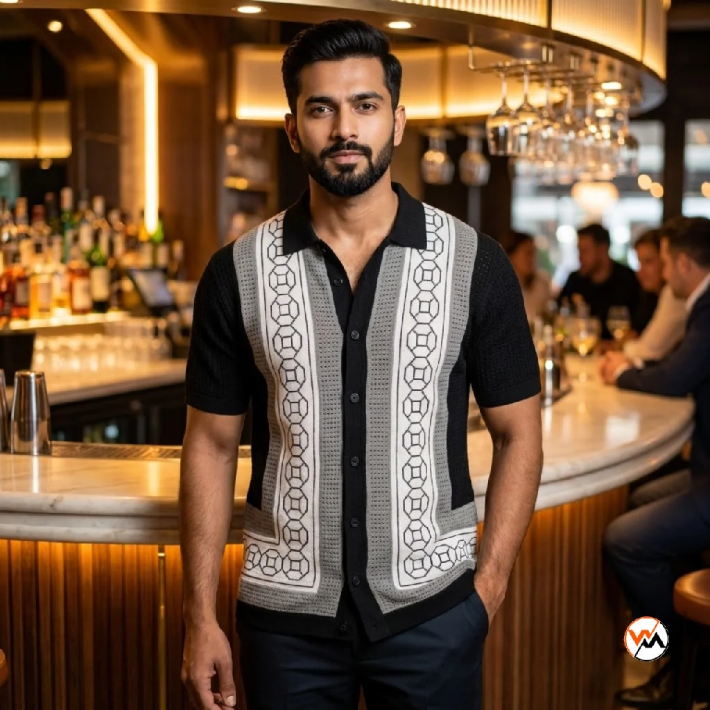 Ultimate knit shirt for men with geometric panels – knit shirt for men – photo 1