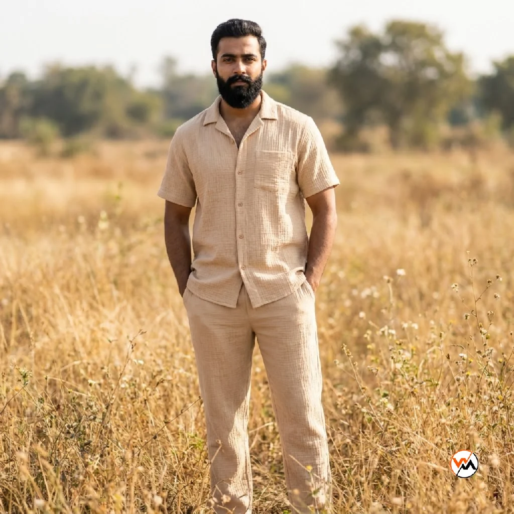 Ultimate mens co-ord set in light beige linen texture – mens co-ord set – photo 1