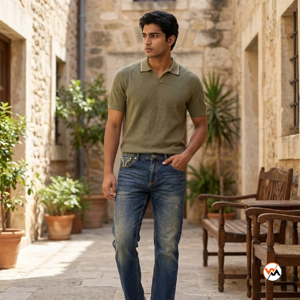 Ultimate mens designer jeans with olive knit polo outfit combination – mens designer jeans – photo 1