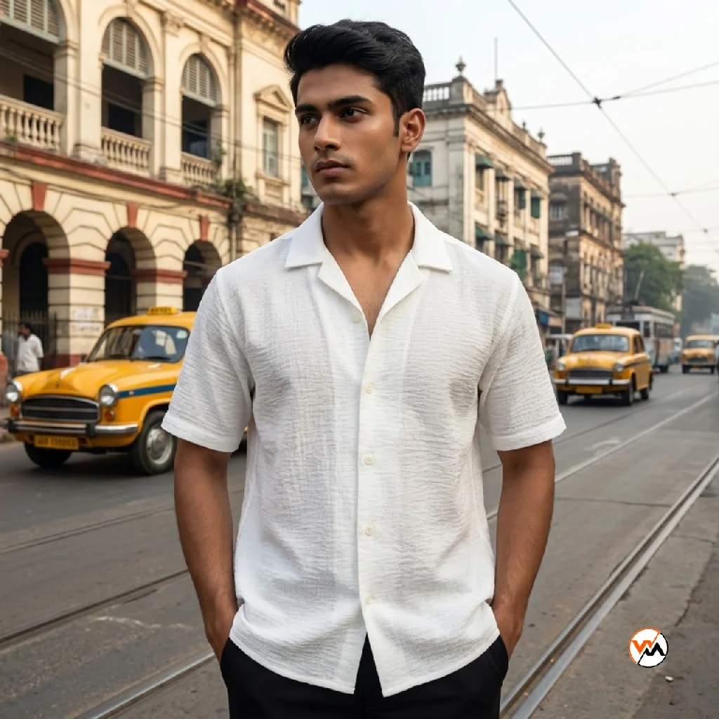 White casual shirt for men featuring a textured fabric and short sleeves – white casual shirt – photo 1