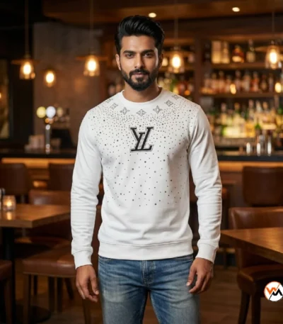 White designer t-shirt for men featuring a luxury crystal embellished front and classic crew neckline – white designer t-shirt – photo 1
