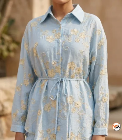 Womens Co-ord Set Luxurious Light Blue Floral Embroidered Two Piece Outfit – Womens Co-ord Set – photo 1