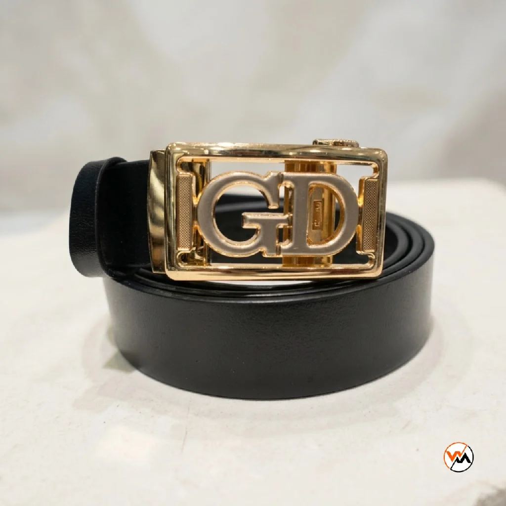 Luxury black leather belt featuring an exclusive gold metal GD buckle for men – black leather belt – photo 1