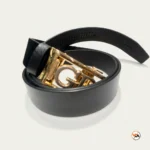 Luxury black leather belt featuring an exclusive gold metal GD buckle for men – black leather belt – photo 2