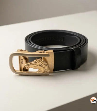 Mens belt featuring exclusive horse buckle and black leather strap – mens belt – photo 1