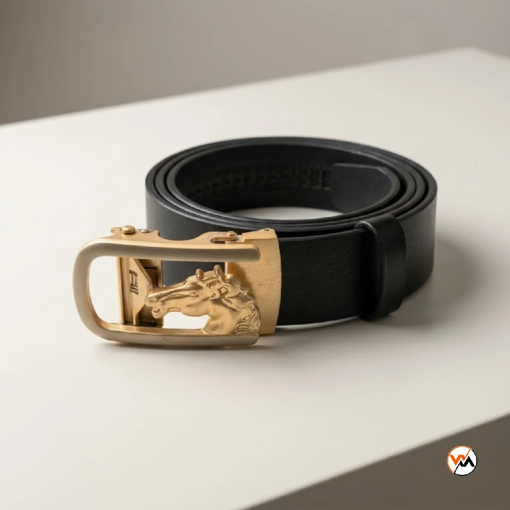 Mens belt featuring exclusive horse buckle and black leather strap – mens belt – photo 1