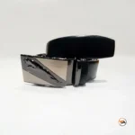 Mens black belt with metal buckle featuring a sleek cat emblem representing classic style – mens black belt – photo 1