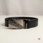 Mens black belt with metal buckle featuring a sleek cat emblem representing classic style – mens black belt – photo 2