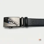 Mens black belt with metal buckle featuring a sleek cat emblem representing classic style – mens black belt – photo 3