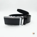 Mens black belt with shiny silver buckle – Mens black belt – photo 1