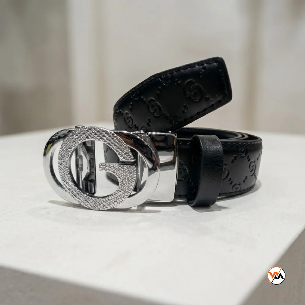 Mens black designer belt featuring an iconic interlocking buckle and textured finish – mens black designer belt – photo 1