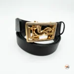 Mens black leather belt featuring an exclusive golden horse buckle for formal wear – mens black leather belt – photo 1