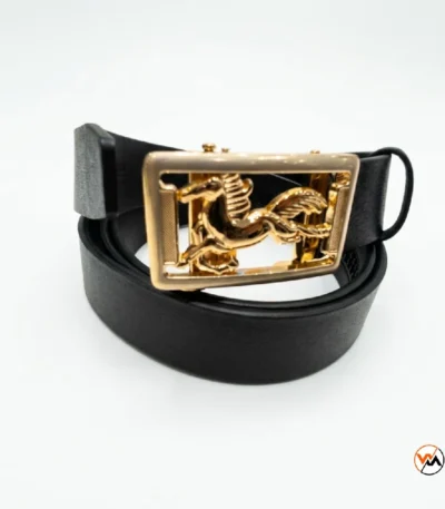 Mens black leather belt featuring an exclusive golden horse buckle for formal wear – mens black leather belt – photo 1