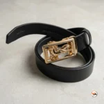 Mens black leather belt featuring an exclusive golden horse buckle for formal wear – mens black leather belt – photo 2