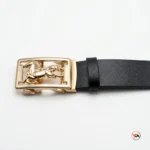 Mens black leather belt featuring an exclusive golden horse buckle for formal wear – mens black leather belt – photo 3