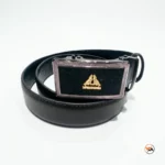 Mens black leather belt featuring an exclusive metallic buckle design – mens black leather belt – photo 1