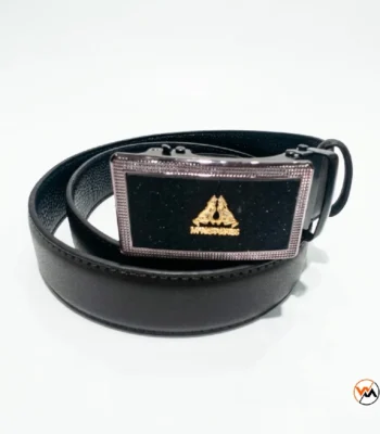 Mens black leather belt featuring an exclusive metallic buckle design – mens black leather belt – photo 1