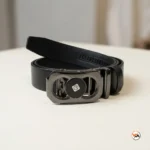Mens black leather belt featuring an exclusive metallic buckle design – mens black leather belt – photo 1