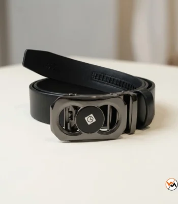 Mens black leather belt featuring an exclusive metallic buckle design – mens black leather belt – photo 1