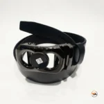 Mens black leather belt featuring an exclusive metallic buckle design – mens black leather belt – photo 2