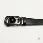 Mens black leather belt featuring an exclusive metallic buckle design – mens black leather belt – photo 3