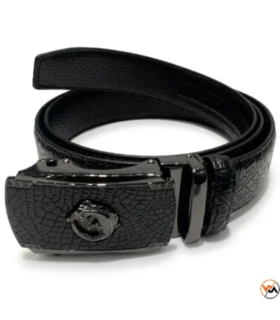 Mens black leather belt with dragon buckle – mens black leather belt – photo 1