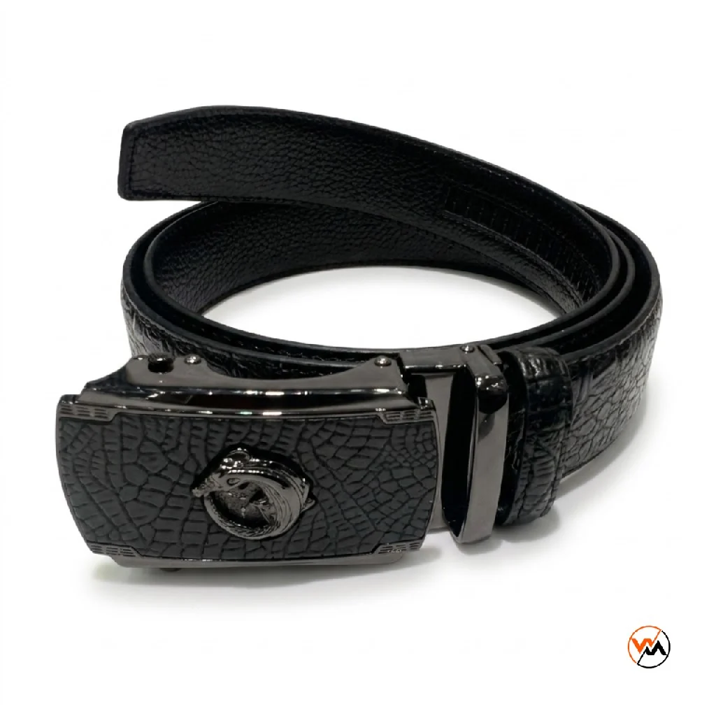 Mens black leather belt with dragon buckle – mens black leather belt – photo 1