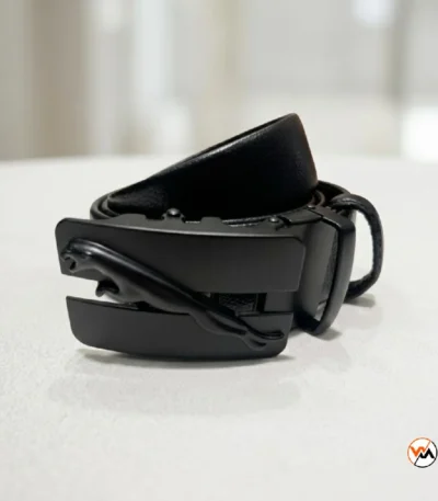 Mens Black Leather Belt with Jaguar Buckle – mens black leather belt – photo 1