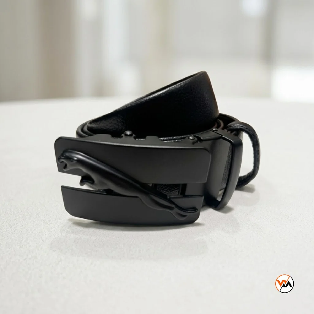 Mens Black Leather Belt with Jaguar Buckle – mens black leather belt – photo 1